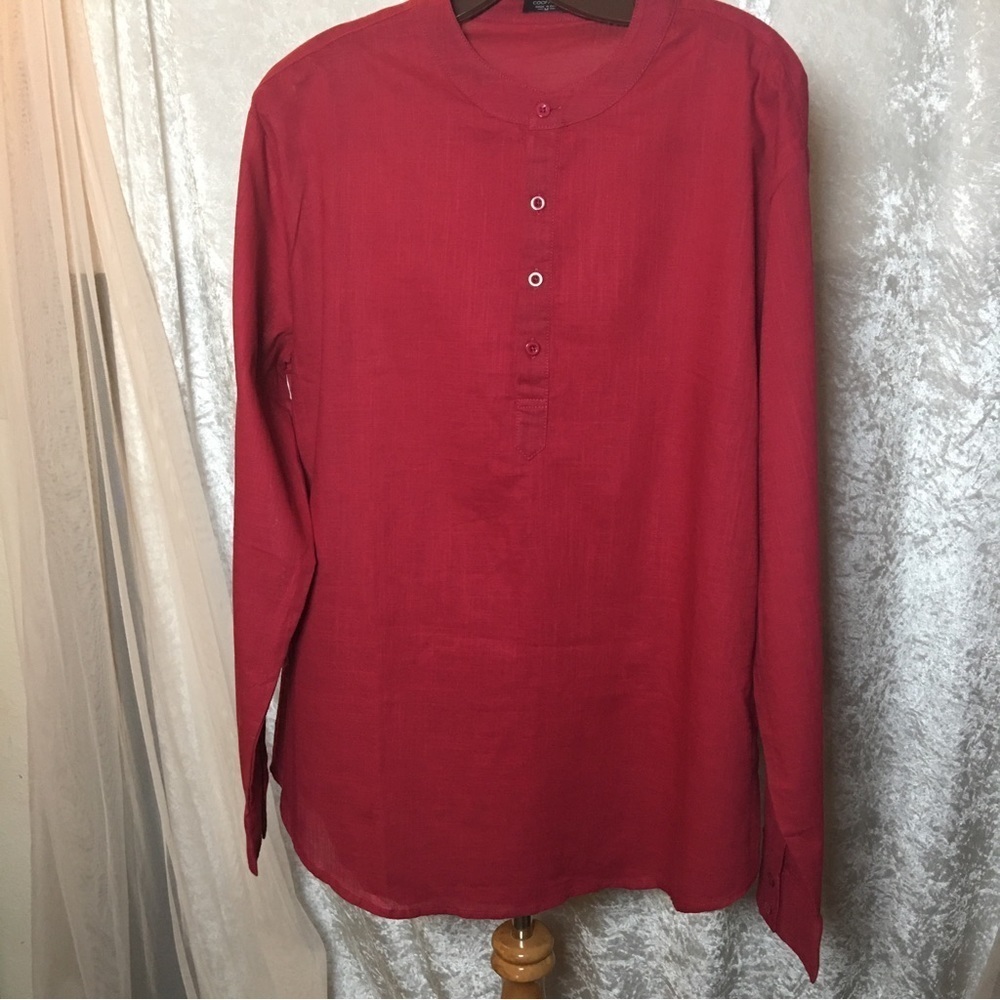 Coofandy Red Cotton and hemp Mens Tunic Shirt Size M
